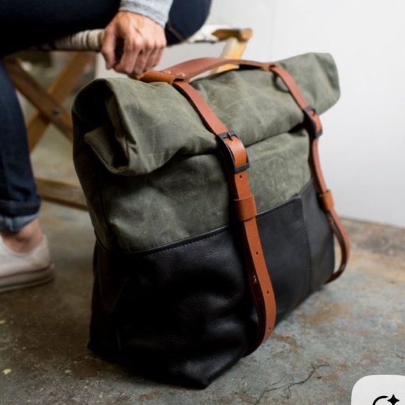 Awl Snap Waxed Canvas Leather Adjustable Backpack Tote Olive Green Black Tan - Picture 4 of 16